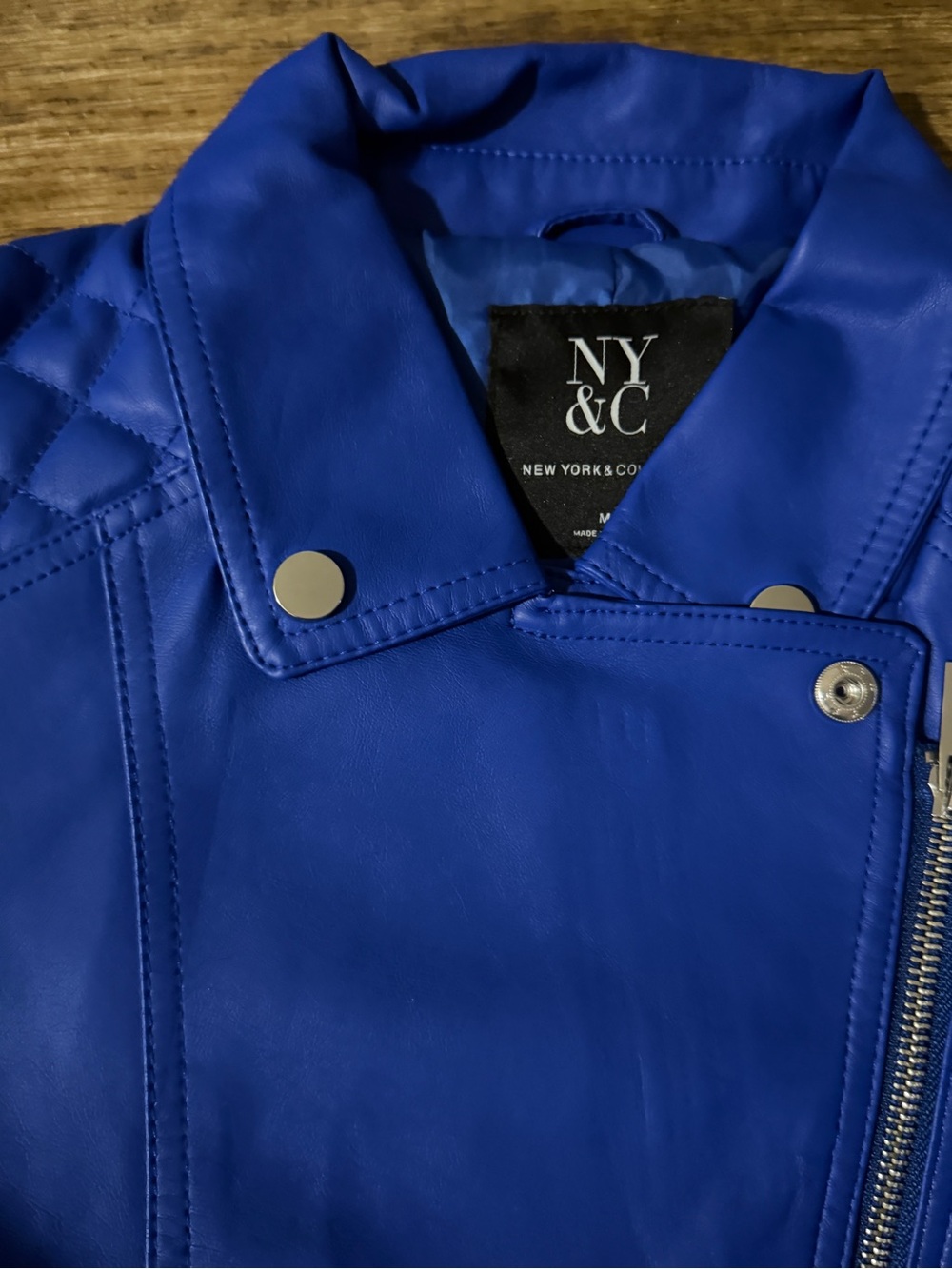New York & Company Electric Blue Faux Leather Moto Jacket